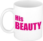 His Beauty cadeau koffiemok / theebeker wit met roze blokletters - 300 ml - keramiek - fun tekst beker / cadeaumok