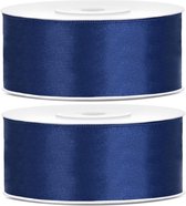 2x Hobby/decoratie donkerblauwe satijnen sierlinten 2,5 cm/25 mm x 25 meter - Cadeaulinten satijnlinten/ribbons - Donkerblauwe linten - Hobbymateriaal benodigdheden - Verpakkingsmaterialen