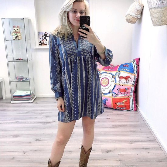 Kaftan jurk tuniek blauw wit bol