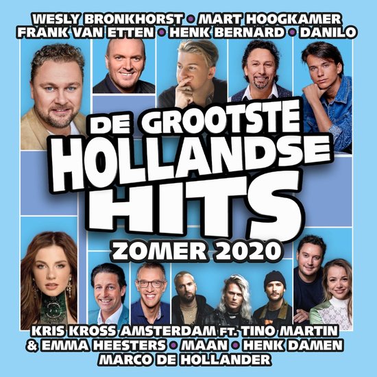 Albumcover "De Grootste Hollandse Hits Zomer 2020" met portretten van artiesten en tekst.