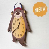 Kinderklok Otter bruin | STIL UURWERK | dieren wandklok van hout voor kinderkamer en babykamer - decoratie accessoires | jongens en meisjes slaapkamer