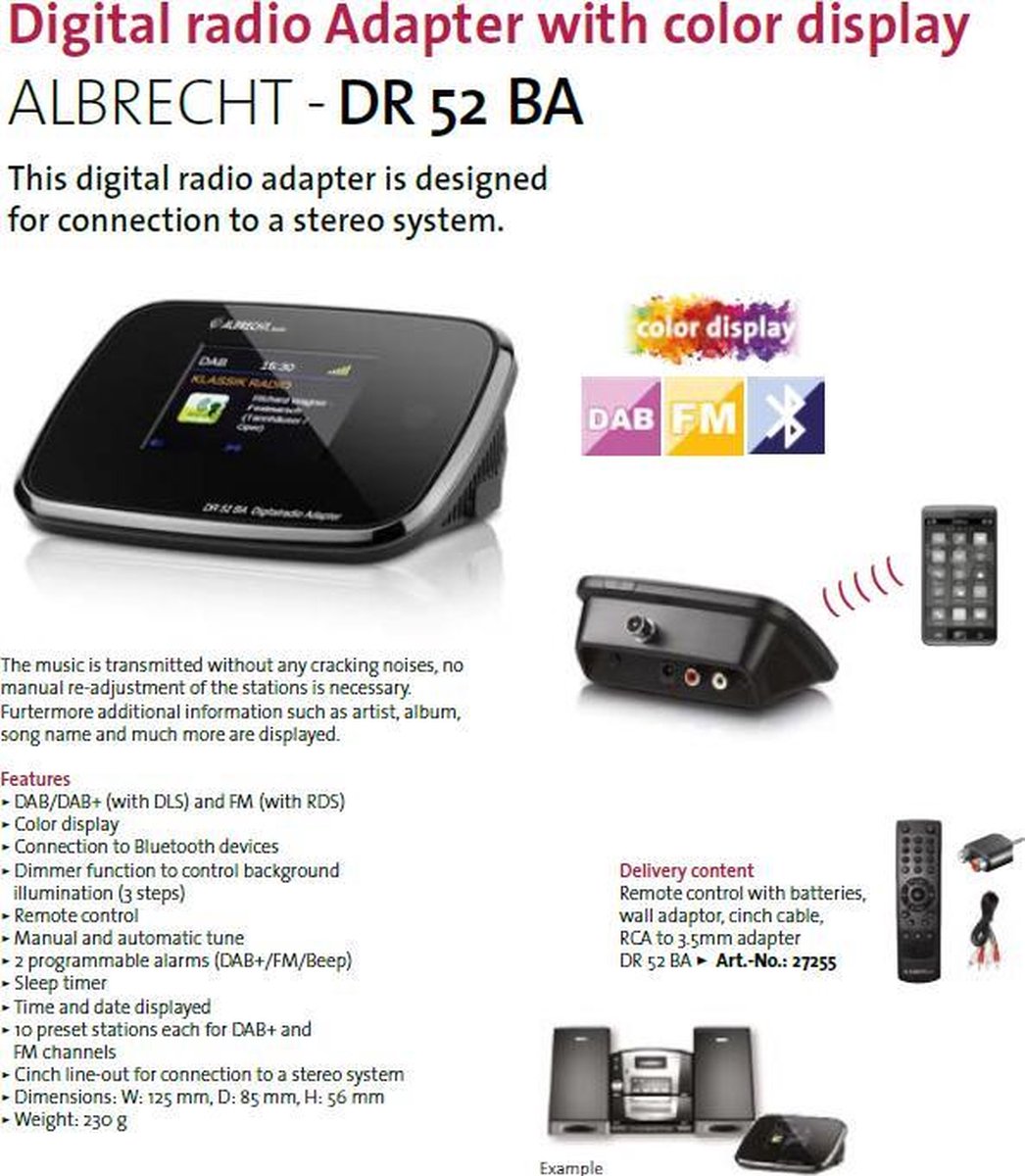 Albrecht 27254 dr 52 ca adaptateur dab + fm radio numérique avec écran  couleur et prise dantenne, antenne noir - Câbles vidéo - Achat & prix