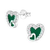 Joy|S - Zilveren classy hartje oorbellen groen met zirkonia