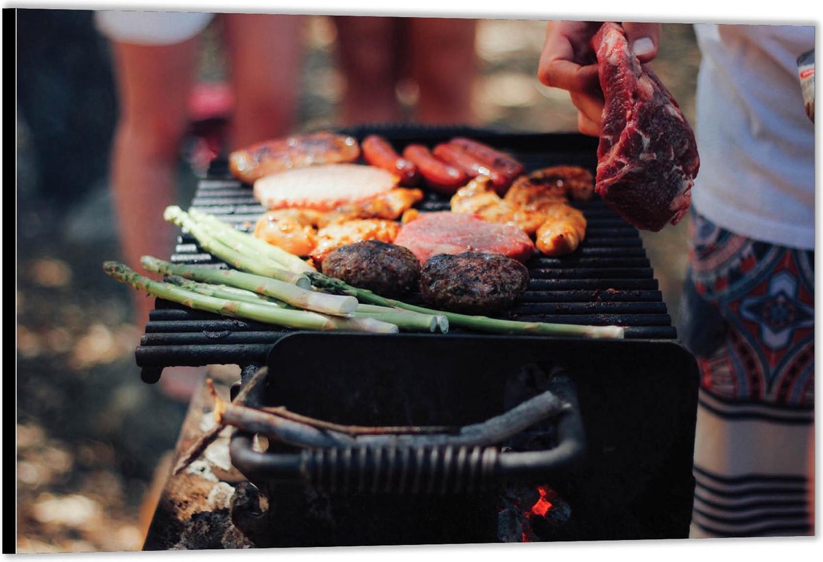 Dibond –Vlees op de Barbecue– 60x40 Foto op Aluminium (Wanddecoratie van metaal)