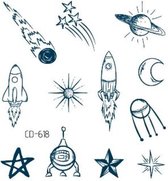 Temporary tattoo | tijdelijke tattoo | fake tattoo | ruimte thema : raket, sterren, manen en planeet | 70 x 80 mm