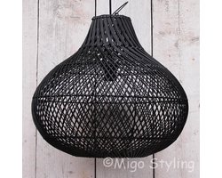 Rieten-Hanglamp-Groot-Bol-Dia50cm-Zwart-Met lampenpendel