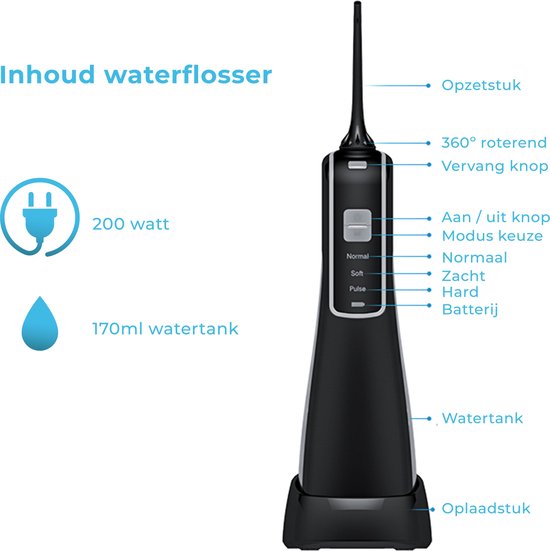 Elektrische water flosser - voor tanden - Flosapparaat - Draadloos oplaadbaar - Zwart | Bestel nu!