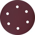 Ronde, rode schuurschijf met klittenbandbevestiging en zes cirkelvormige gaten.