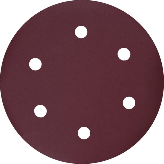 Ronde, rode schuurschijf met klittenbandbevestiging en zes cirkelvormige gaten.
