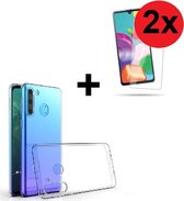 Samsung Galaxy A21 hoes TPU Siliconen Case hoesje Transparant + 2x Screenprotector Tempered Gehard Glas (2 stuks) Pearlycase