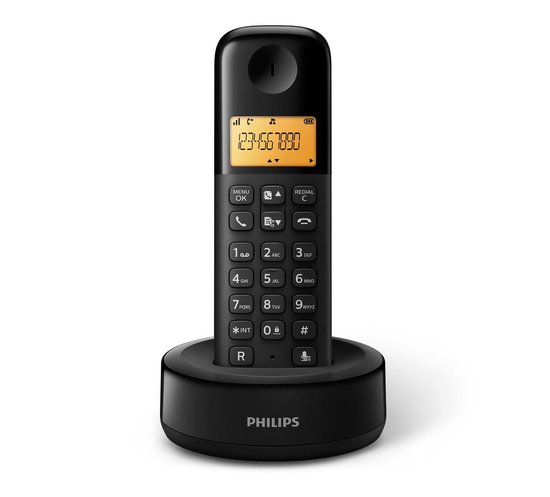 Philips D1601B/01- Draadloze DECT-telefoon met 1 handset, groot display (4,1 cm) en nummerherkenning - Zwart