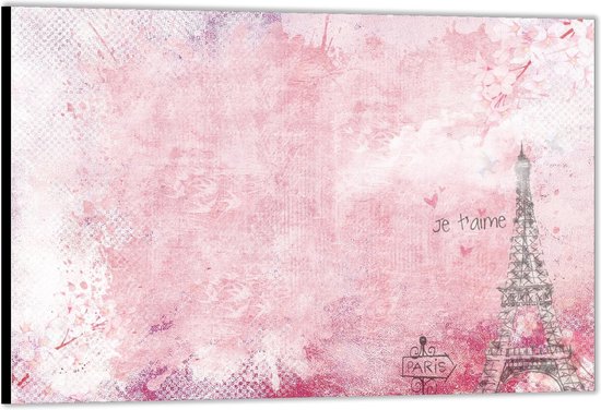 Dibond -Roze plaat met Eiffeltoren en ''Je t'aime''- Foto op Aluminium (Wanddecoratie van metaal)