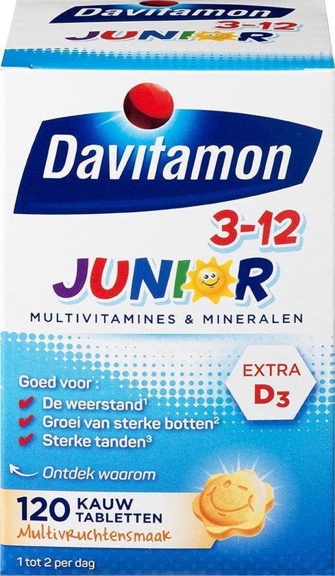 Davitamon Junior 3+ Kauwvitamines - multivitamine kinderen - multifruit - 120 tabletten
