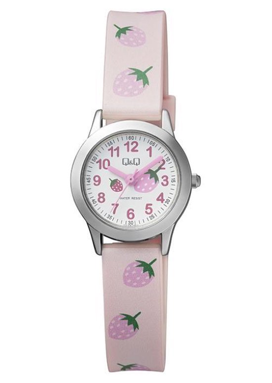 Q&Q QC29J304Y - Horloge - Analoog - Kinderen - Vrouwen - Plastic band - Rond - Cijfers - Metaal - Aardbeien - Roze - Zilverkleurig - Wit