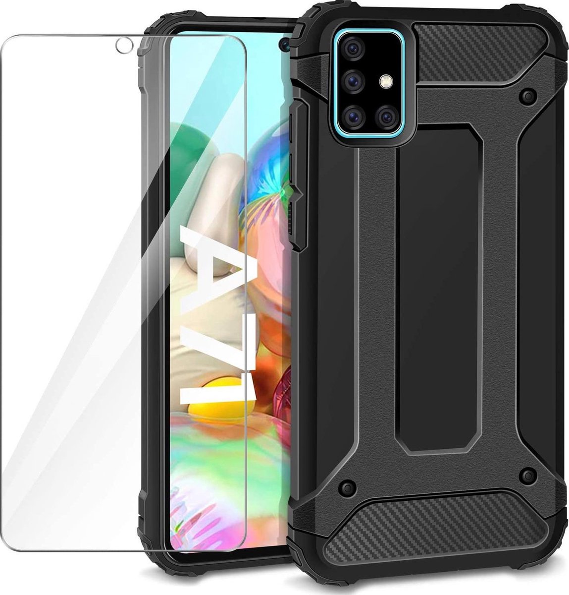 Hoesje Geschikt voor: Samsung Galaxy A71 Heavy Duty - Zwart + Tempered Screenprotector