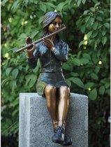 Statue de jardin - statue en bronze - Fille assise avec flûte - Bronzartes - hauteur 66 cm