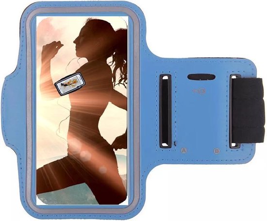 Blauwe sportarmband met een afbeelding van een hardlopende vrouw en een telefoon erop.