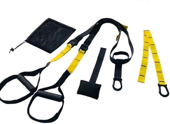 Zwarte en gele suspension trainer met handgrepen, enkelbanden en een opbergzakje.