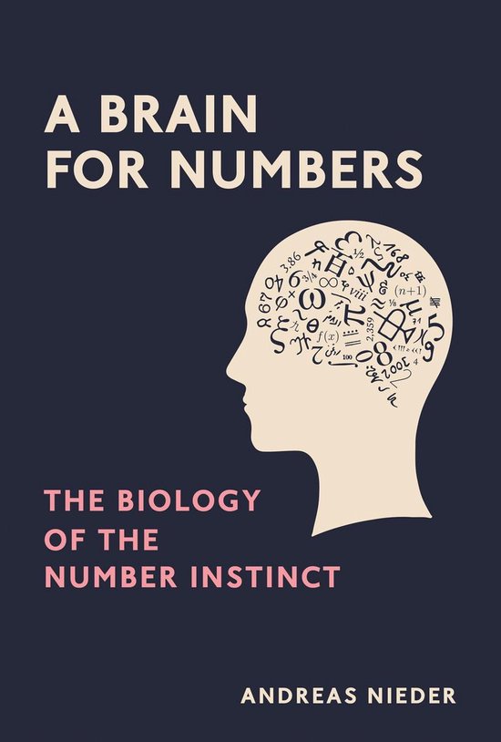 Boekkaft met de titel 'A Brain for Numbers: The Biology of the Number Instinct' en een illustratie van een hoofdprofiel gevuld met wiskundige symbolen.