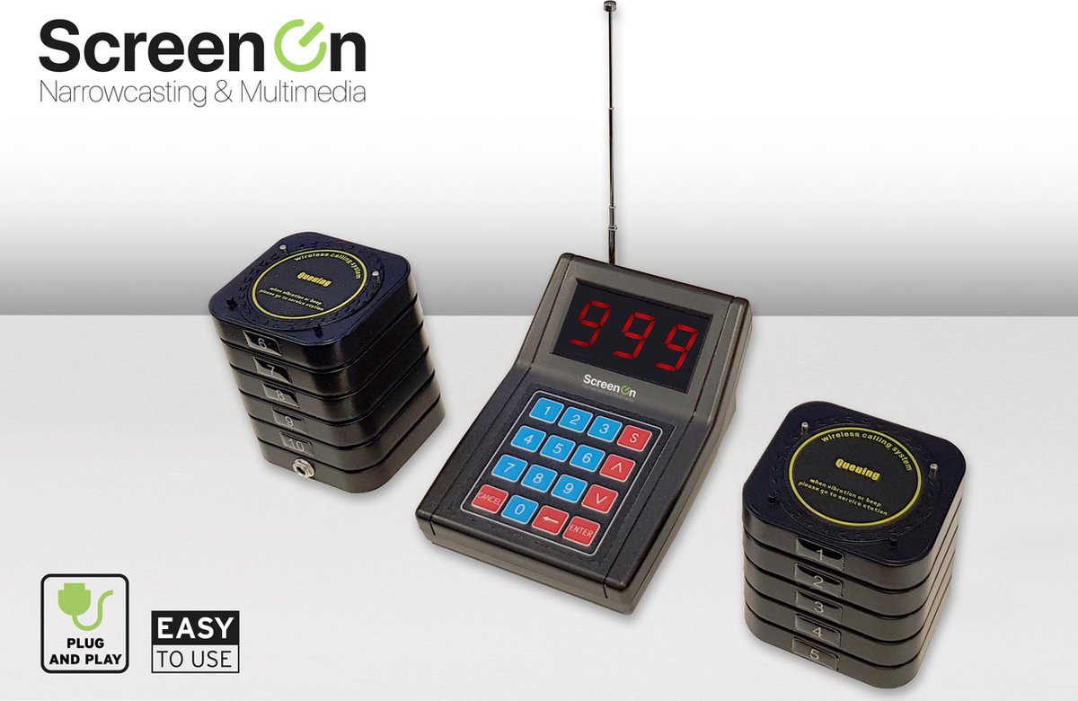Draadloos klanten oproepsysteem ook voor Horeca - Restaurant. Set van 10 portable buzzer&vibration receivers inclusief oplader
