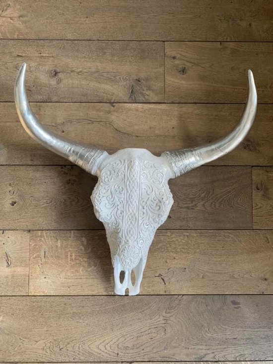 Skull buffelschedel bedrukt 64 cm wit glitters - Skull buffelschedel - SKULL - Skull voor aan de muur - Buffelschedel - Wanddecoratie - Dierenschedel - Dierenhoofd - Cadeau - Decoratie