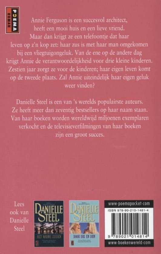 Achterkant boek Danielle Steel met beschrijving van het verhaal en andere boeken.