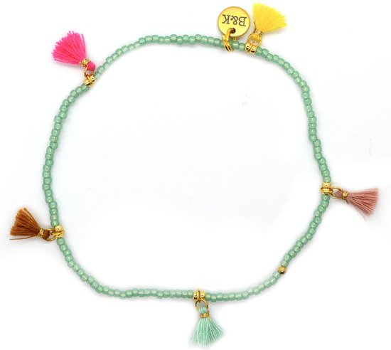 Bracelet cheville perles avec mini pompons bleu