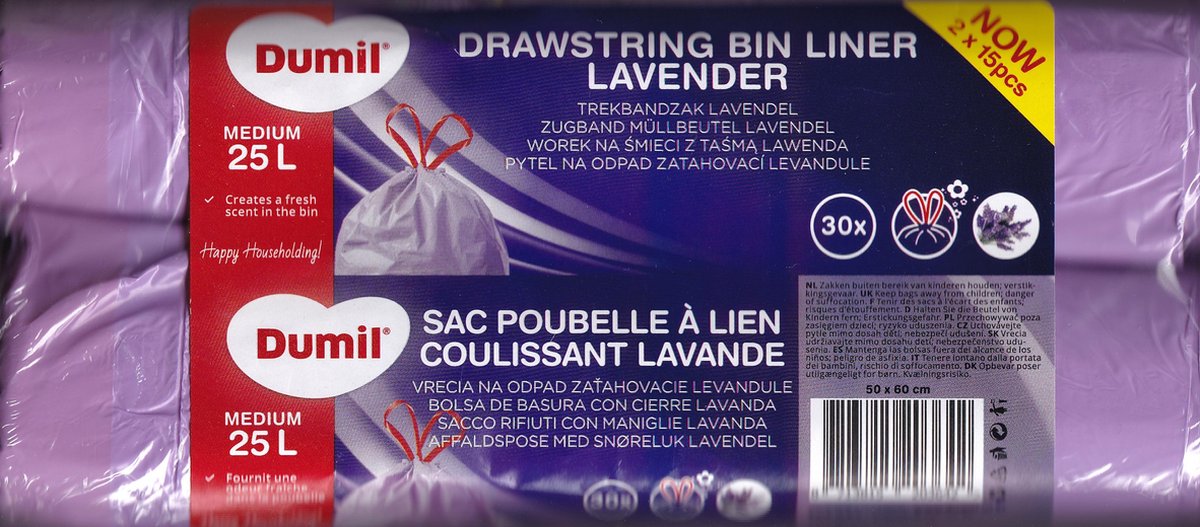 Lavendel vuilniszak - 25 liter - met trekband - 4 rollen van 15 stuks = 60  zakken | bol.com