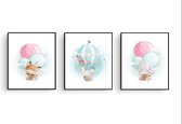 Postercity - Design Canvas Poster Set 3 Vosje Olifant en Giraffe in Luchtballon / Kinderkamer / Dieren Poster / Babykamer - Kinderposter / Babyshower Cadeau / Muurdecoratie / 30 x