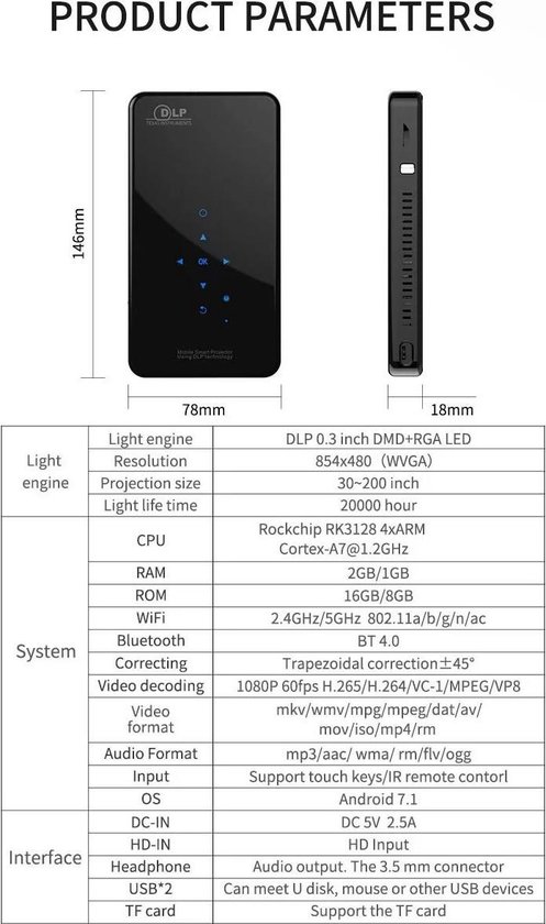 Android Pocket Beamer - Oplaadbaar - 4K Ondersteuning – Smart Mini Projector – Verbinden met smartphone – Gratis Tripod en HDMI-Kabel - Zakbeamer - Portable Beamer - Merkloos