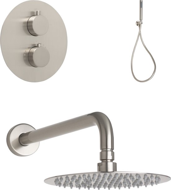 Ced'or complete inbouw regendouche 20 cm met wandarm en 3 standen handdouche RVS  (inbouwdelen + afbouwdelen)