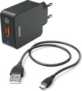 Hama Oplader met oplaadkabel - Oplader set - QC Adapter met kabel - 19,5W USB naar Micro-USB - 1,5 meter - Reislader - Compact ontwerp - Zwart
