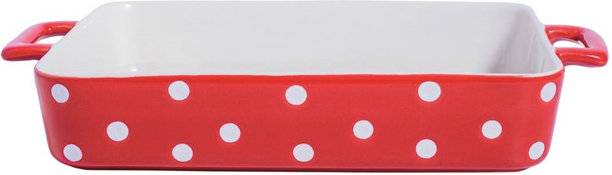Isabelle Rose rood met witte grote ovenschaal van keramiek met handvaten - 23,5 x 38,5 x 6,5 cm
