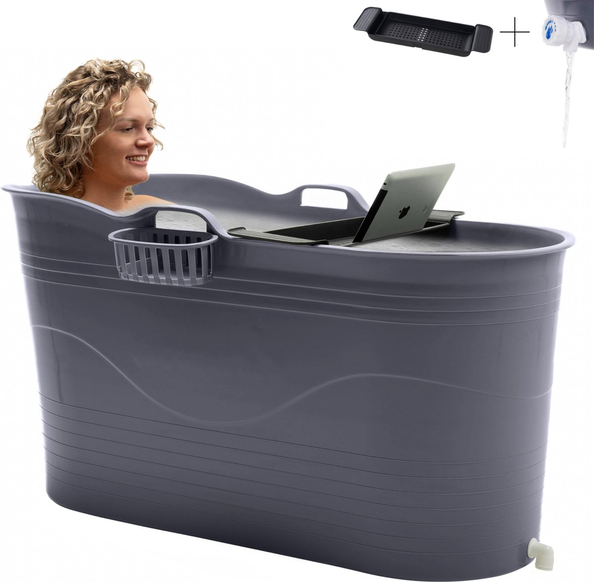 HelloBath® - Bath Bucket - XL - 122 cm - Grijs - Zitbad - Ligbad (Verzending in doos) - Incl. Badplank en Kraantje
