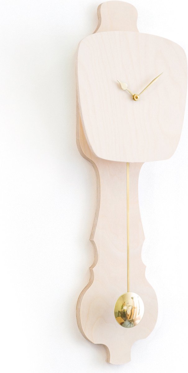 KLOQ - Wandklok met Pendule - Batterijen Inbegrepen - Wanddecoratie - Quartz Beweging - Niet-Tikkend Batterij Aangedreven - Blank Hout en Glimmend Goud - Small
