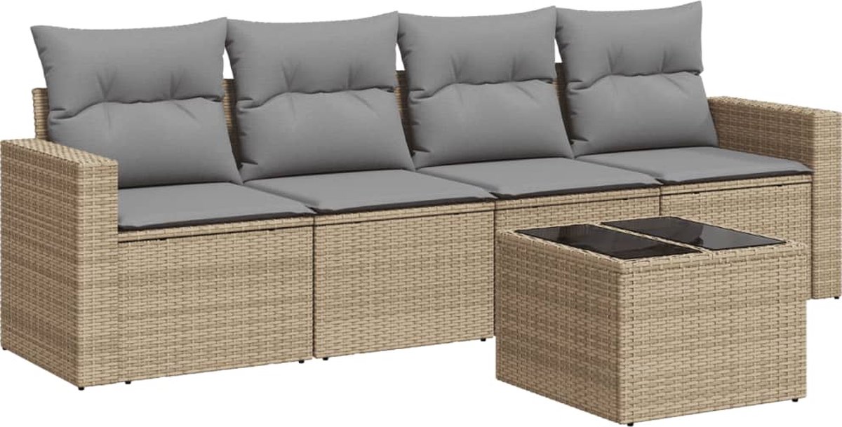 vidaXL 5-delige - Loungeset - met - kussens - poly - rattan - beige