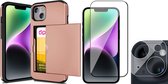 Étui avec porte-cartes adapté pour iPhone 15 Plus - Protecteur d'écran FullGuard & Protecteur d'écran d'objectif d'appareil photo - Back Cover SlideCase Or Rose