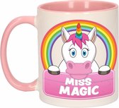 1x Miss Magic beker / mok - roze met wit - 300 ml keramiek - eenhoorn bekers