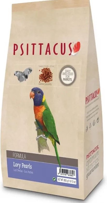 Bruine zak met vogelvoer, met een afbeelding van een lori, en de tekst 'Psittacus Lory Pearls'.