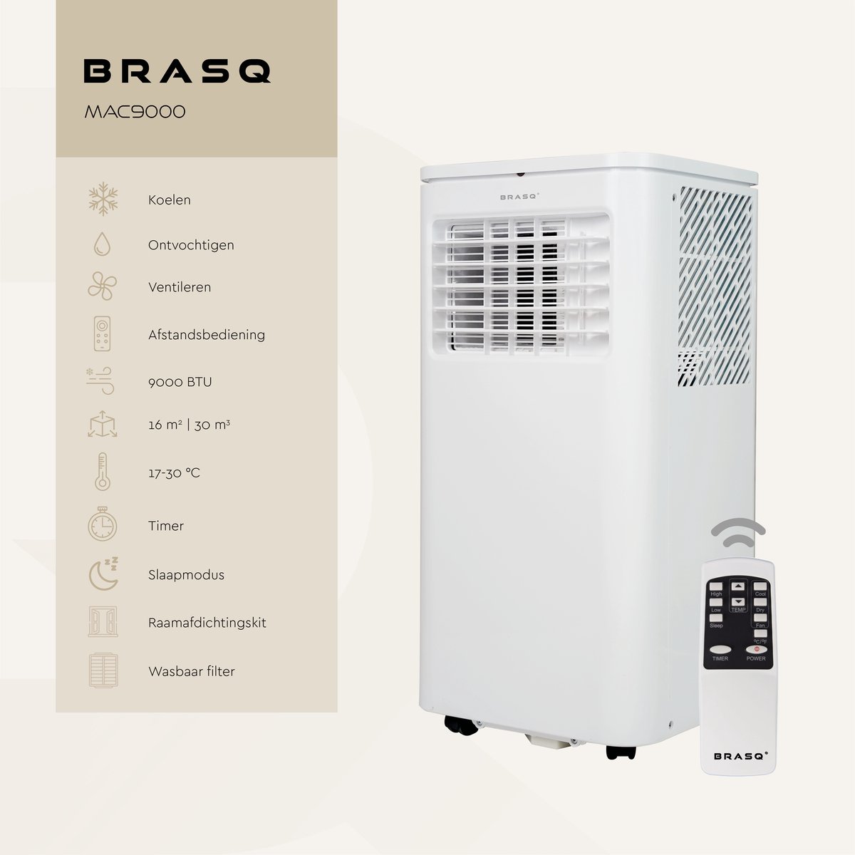 Afbeelding 3 van BRASQ 3-in-1 Mobiele airco met Raamafdichtingskit - Met