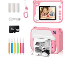 foto van Ilona® 3 IN 1 Digitale Kindercamera met Fotoprinter + Instant print + speelcamera | 32GB micro sd kaart | camera kinderen | Vlogcamera met games | Fototoestel voor Kinderen | Klein Formaat Speelgoed | Met videofunctie | Roze