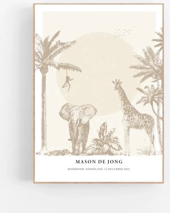 Persoonlijke sterrenhemel poster | JUNGLE x ELLIE - 40x50 cm - Sterrenhemel poster - Jungle dieren - Safari - Gepersonaliseerde poster - Babykamer en kinderkamer