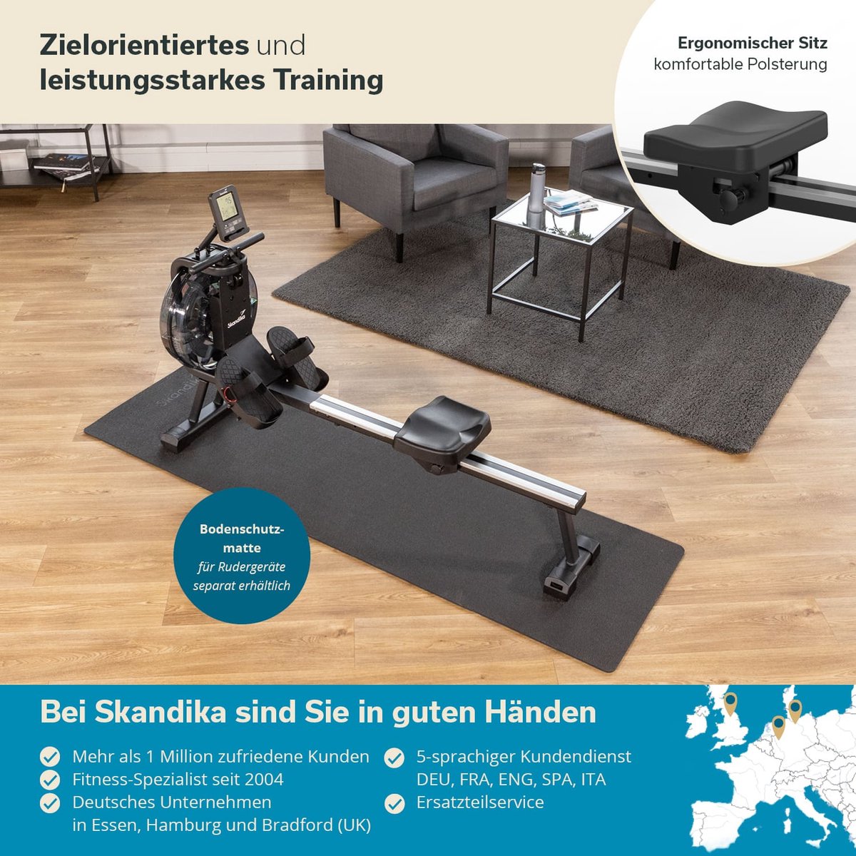Afbeelding 2 van Skandika Mora Water Roeimachine SET – Roeitrainers - Roeimachine (172l x 45b x 54h cm) + Mat (65 x 230 cm) – Fitness voor thuis, waterweerstand – Kinomap App Compatible, Bluetooth, Computer, Tablet Houder – Ruimtebesparende Roeimachines – zwart
