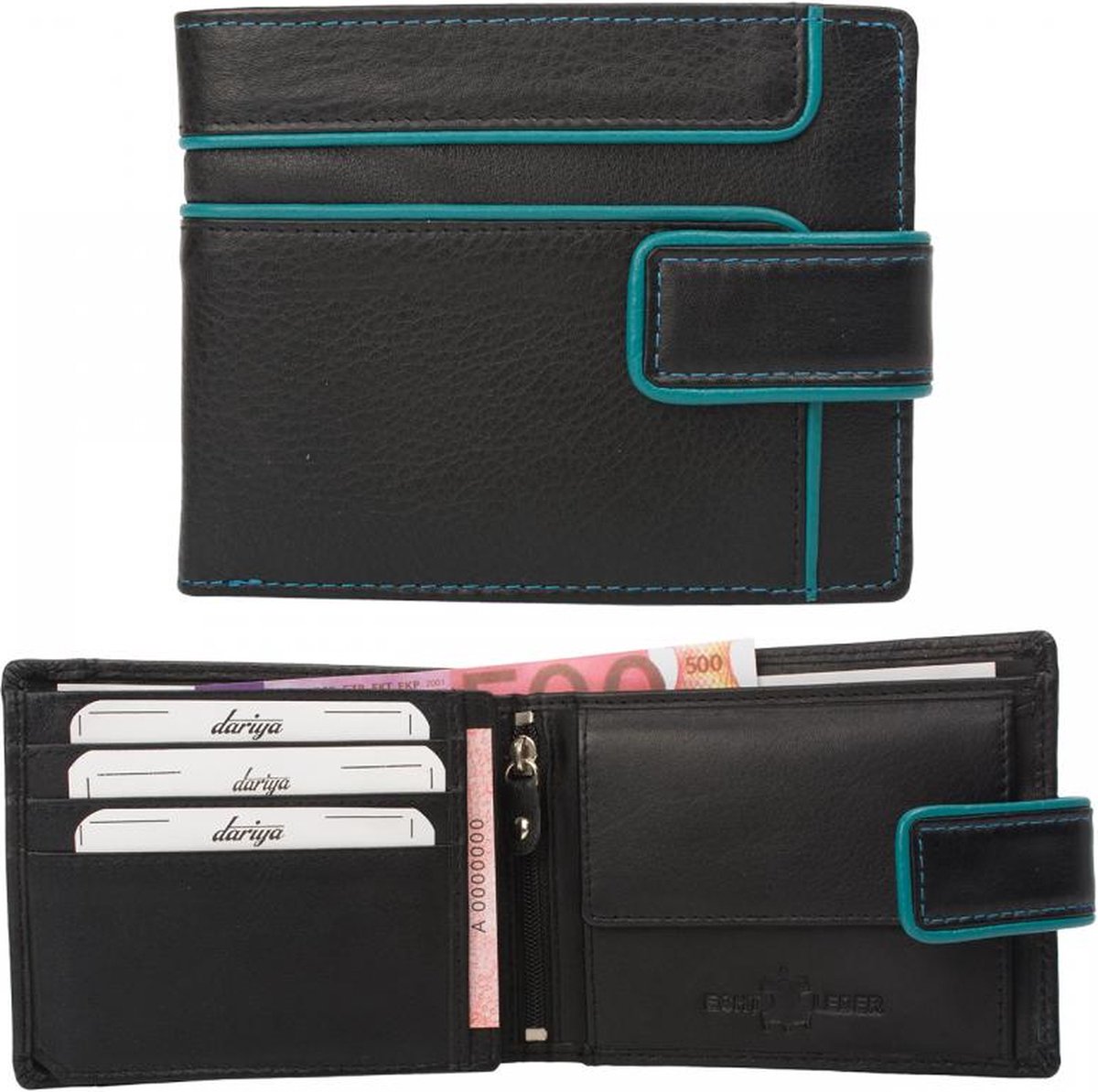 Dariya Portemonnee 2901-blacktuerkis Zwart Turquoise Leer