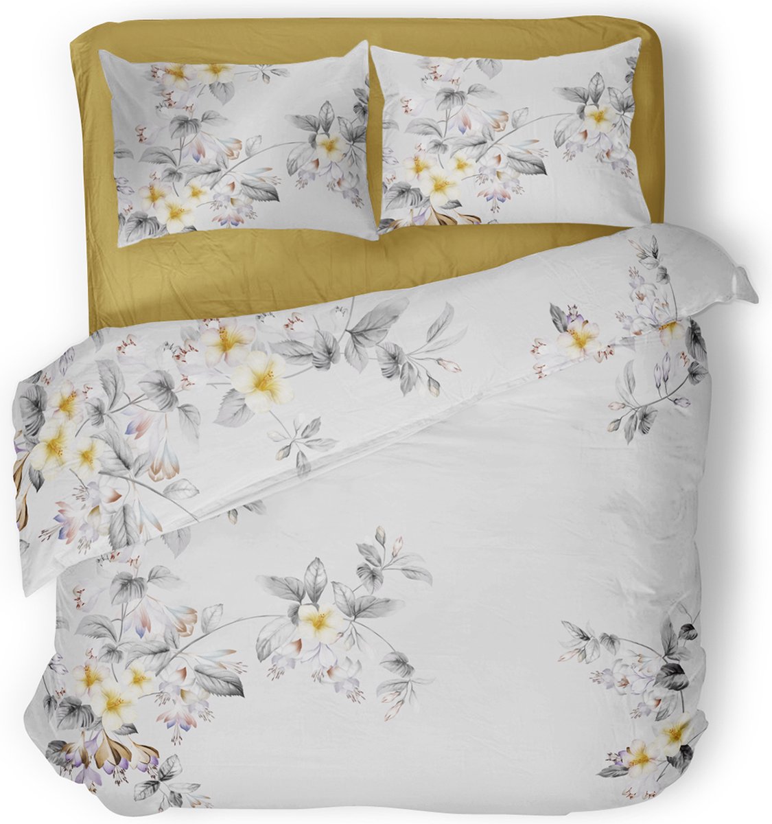 Eleganzzz Dekbedovertrek Delicate Floral - grijs - Dekbedovertrek 200x200/220cm - Micropercal -Tweepersoons - Dekbedovertrekken