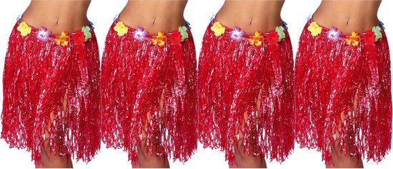 Toppers - Fiestas Guirca Hawaii verkleed rokje - 4x - voor volwassenen - rood - 50 cm - hoela rok - tropisch