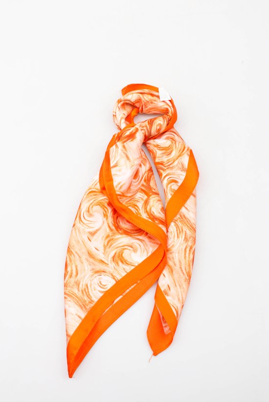 Dames neksjaal Zana gebloemd motief oranje wit abrikoos lichtrood bruin 70x70