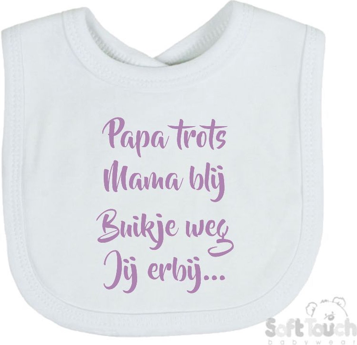 Goedkoopste Soft Touch Slabber Slabbetje Slab Papa trots Mama blij Buikje weg Jij erbij... Unisex Katoen Wit/lila Maat 33x22 Cm