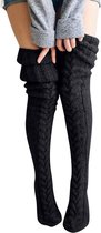 Kabelgebreide Dijhoge Laarssokken voor Dames, Extra Lange Winterkousen, Beenwarmers over de Knie -Zwart 105cm