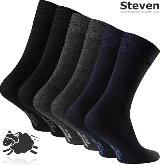 Steven - Merino Wol Sokken - Multipack 3 Paar - Maat 41-43 - Luxe Heren Sokken - Mix Kleur - Zwart Grijs Marine Blauw Navy - Voor onder een Pak - MADE in EU
